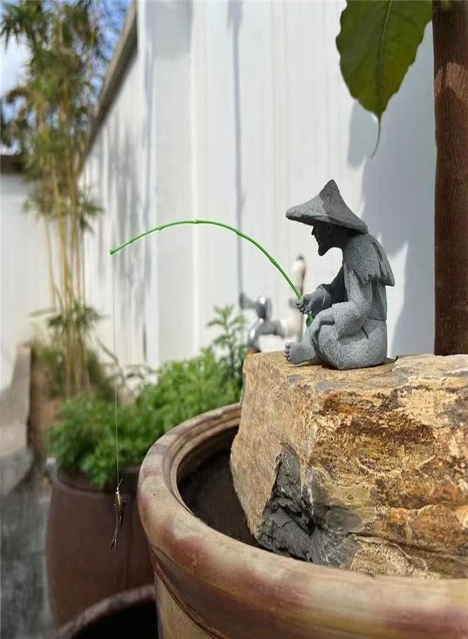 livelyfish Mini Fisherman Statue Asian Zen Decoration Sitting Fishing Figurines Sandstone Vintage Ornament for Aquarium Fish Tank Pot Garden Home Japanese Decor, C - Image 2